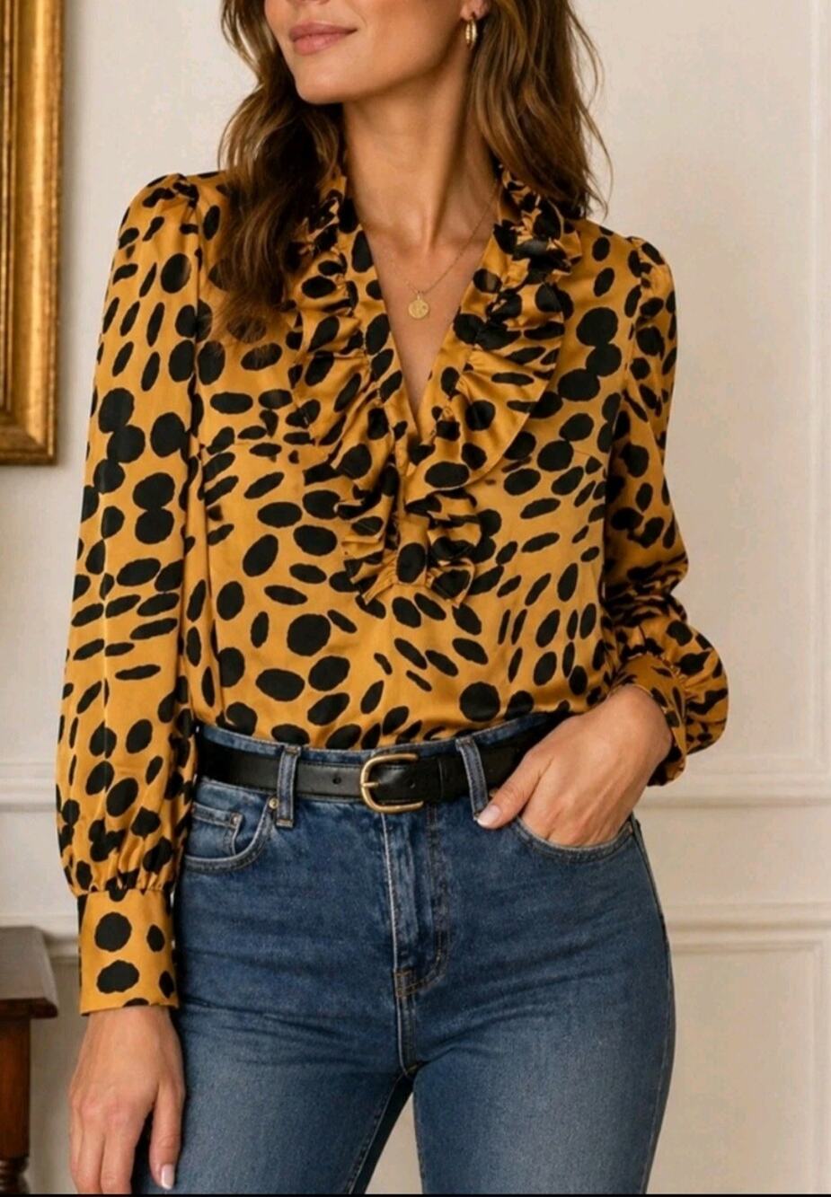 J.Crew cheetah print satin ruffled top Size XS Boho Animal Glam Romantic